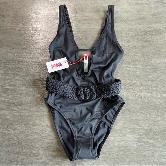 NWT Solid & Striped Black Belted One Piece Swimsuit - Picture 4 of 10
